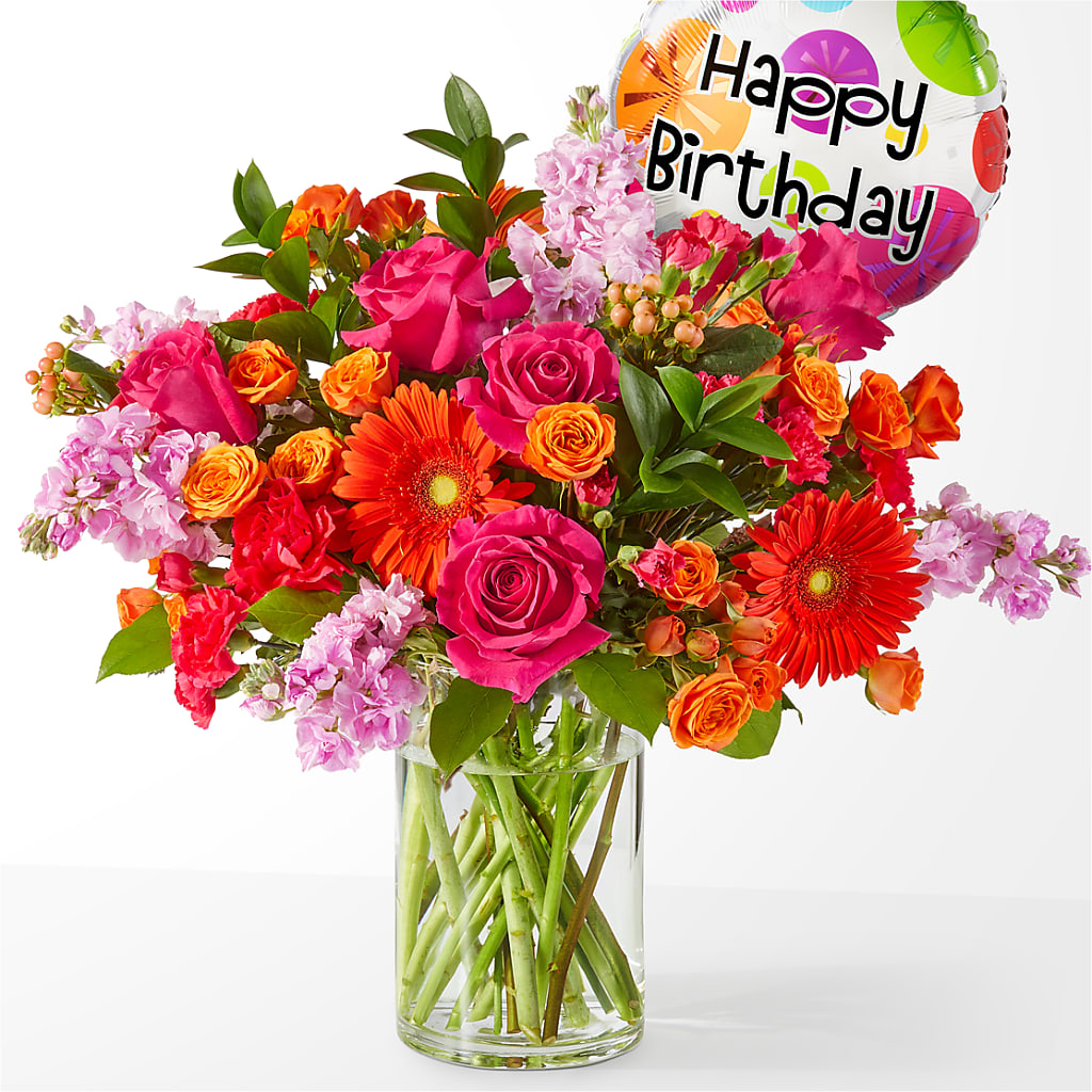 Fiesta Bouquet with Birthday Balloon – ROWLETT FLORIST & GIFTS, Garland TX