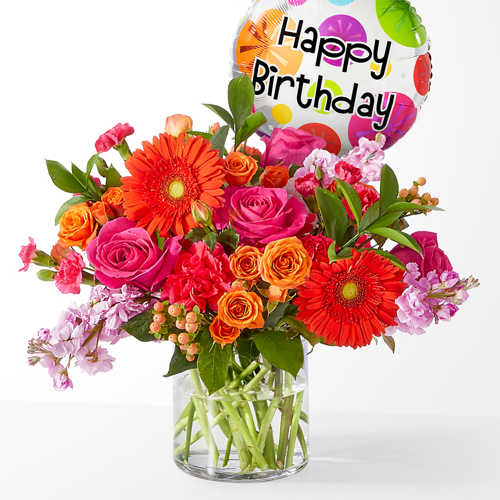 Fiesta Bouquet with Birthday Balloon – ROWLETT FLORIST & GIFTS, Garland TX