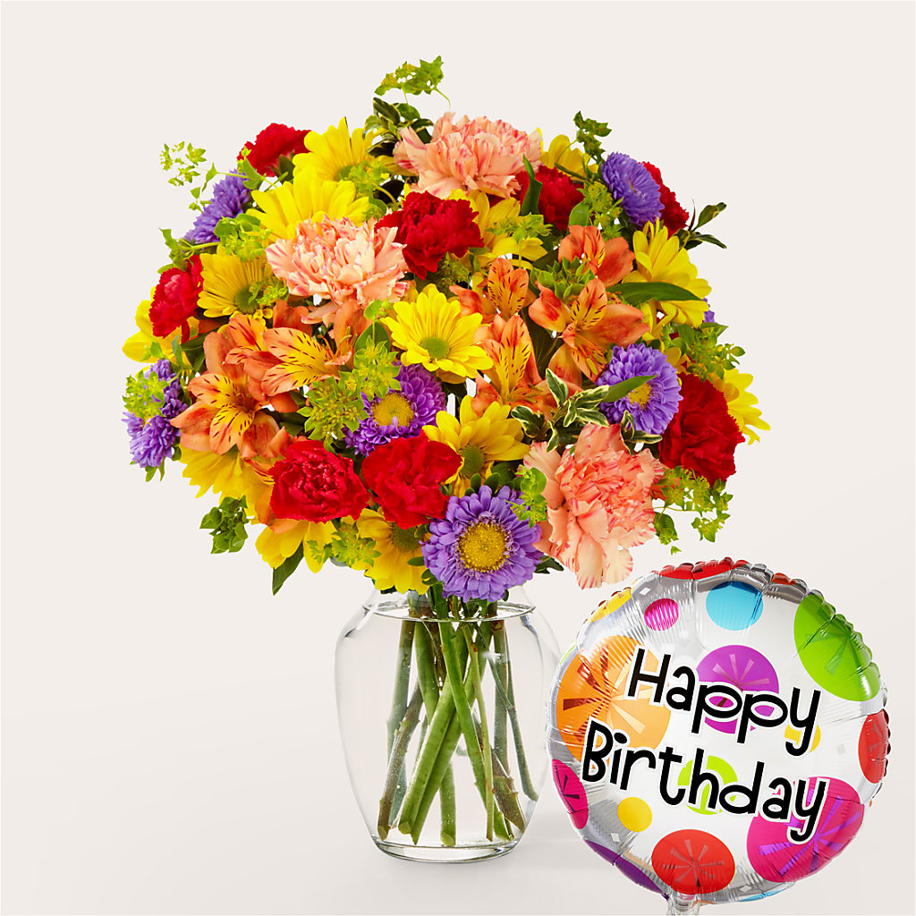 Kaleidoscope Bouquet with Birthday Balloon – ROWLETT FLORIST & GIFTS, Garland TX