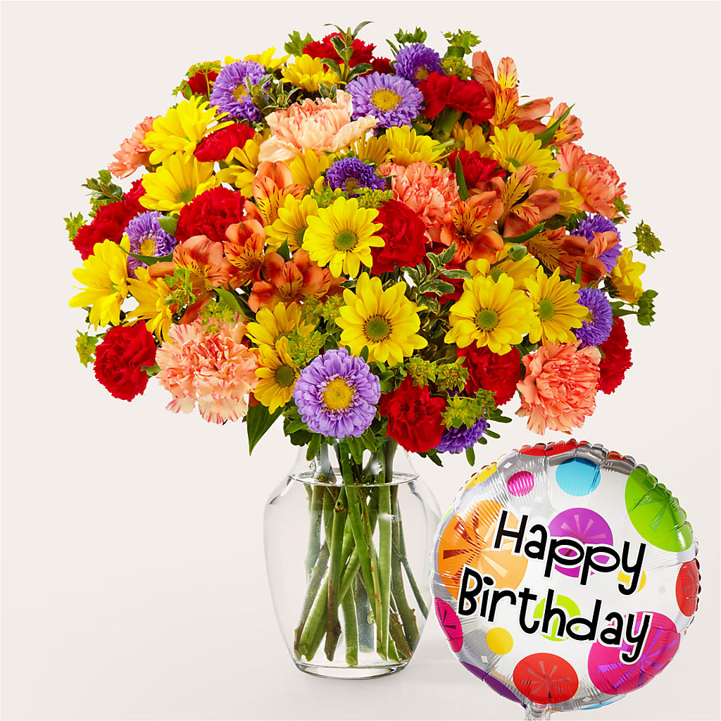 Kaleidoscope Bouquet with Birthday Balloon – ROWLETT FLORIST & GIFTS, Garland TX
