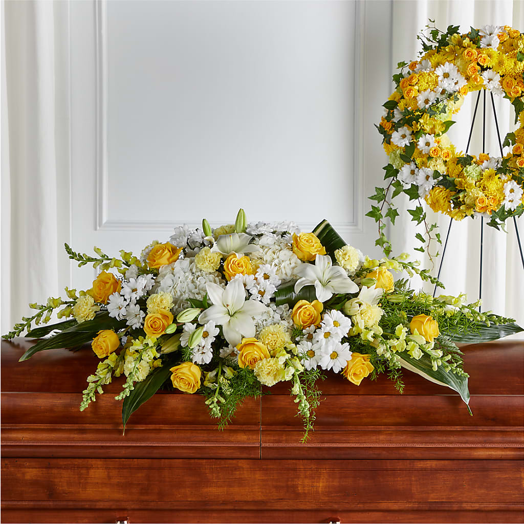Golden Harmony Casket Spray – ROWLETT FLORIST & GIFTS, Garland TX