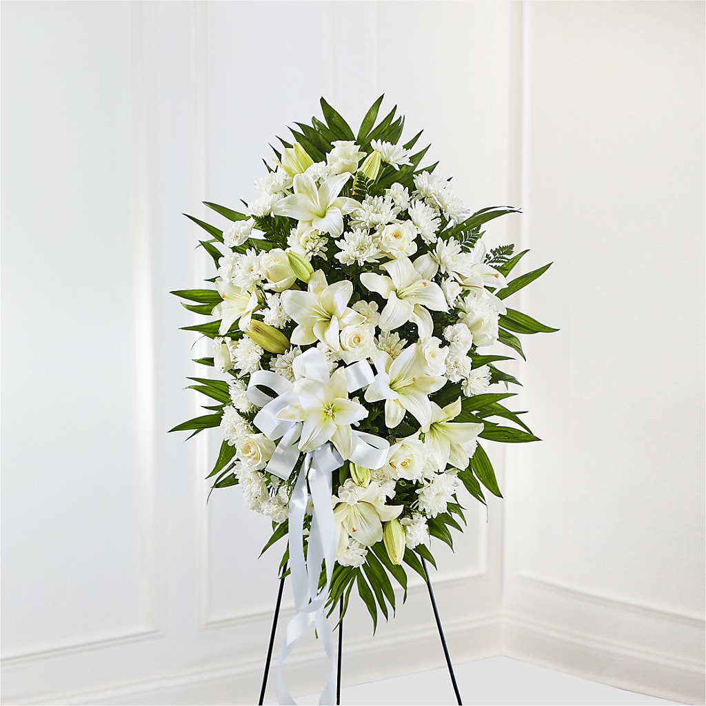 Exquisite Tribute Standing Spray-White Ribbon – ROWLETT FLORIST & GIFTS, Garland TX